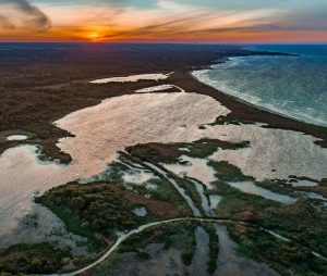 Foto aerea della Riserva Natura le Le Cesine in Puglia. Si vedono il mare, illuminato da un tramonto arancio, la flora che sembra abbracciare la spiaggia.